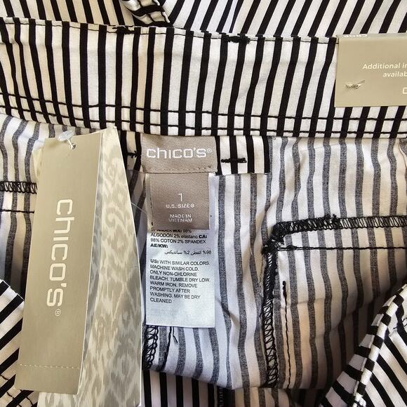 Chicos Women's size 1 mid-rise white black striped crop chino - Picture 4 of 9